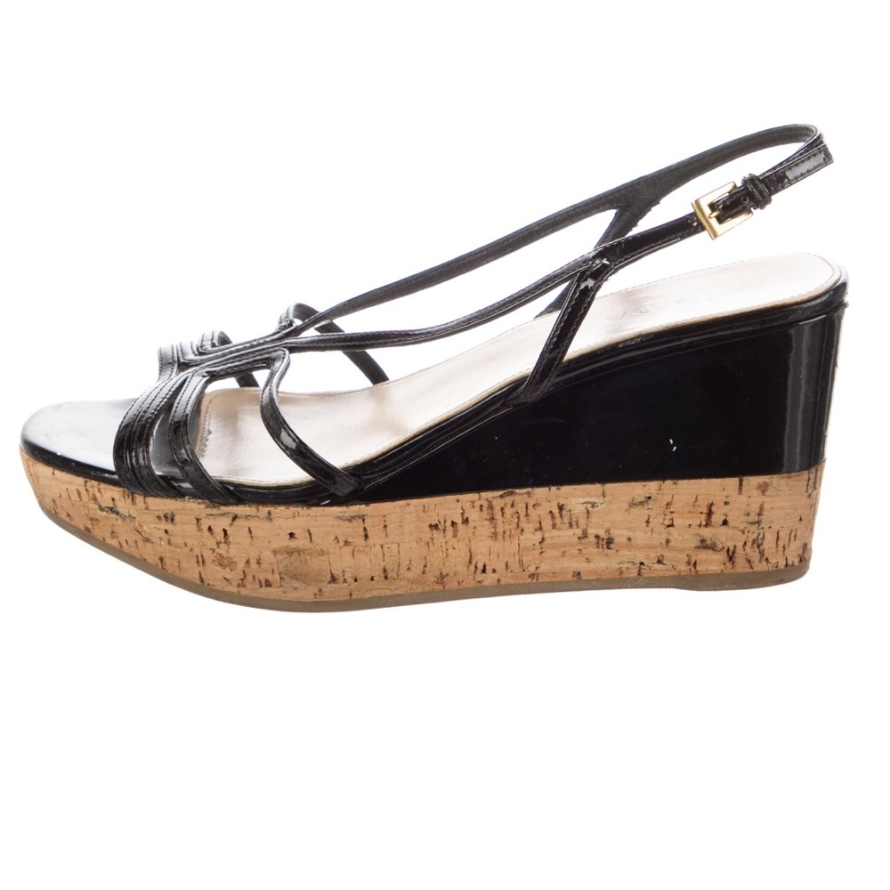 Prada patent leather sling back platform sandals.